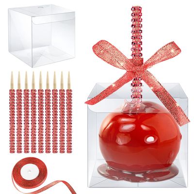 MGWOTH Candy Apple Boxes with Bling Stick Hole Set,20 Pack Caramel Apple Wrapping Kit with Clear Containers & Rhinestone Bamboo Skewers & Glitter Ribbons,Top for Cake Pop Chocolate Treat Christmas