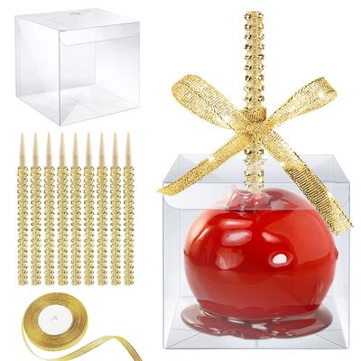 MGWOTH Candy Apple Boxes with Bling Stick Hole Set,20 Pack Caramel Apple Wrapping Kit with Clear Containers & Rhinestone Bamboo Skewers & Glitter Ribbons,Top for Cake Pop Chocolate Treat Christmas