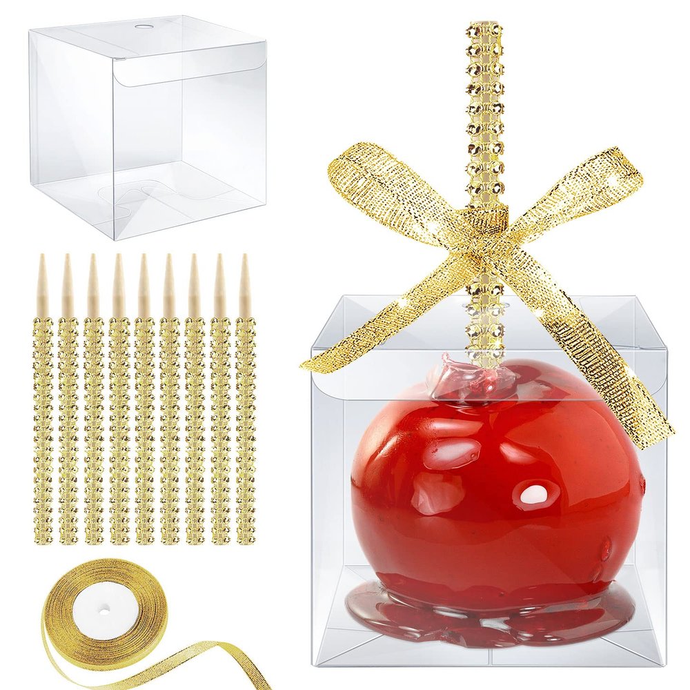 MGWOTH Candy Apple Boxes with Bling Stick Hole Set,20 Pack Caramel Apple Wrapping Kit with Clear Containers & Rhinestone Bamboo Skewers & Glitter Ribbons,Top for Cake Pop Chocolate Treat Christmas