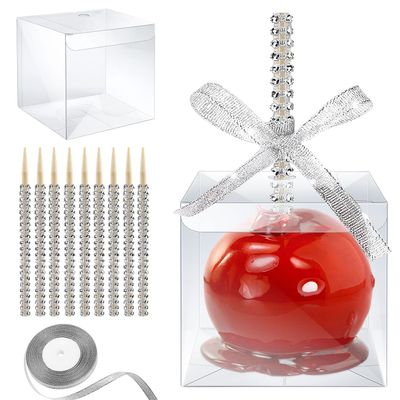 MGWOTH Candy Apple Boxes with Bling Stick Hole Set,20 Pack Caramel Apple Wrapping Kit with Clear Containers & Rhinestone Bamboo Skewers & Glitter Ribbons,Top for Cake Pop Chocolate Treat Christmas