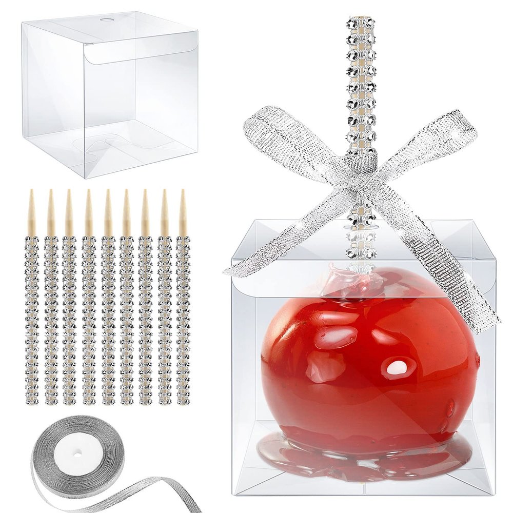 MGWOTH Candy Apple Boxes with Bling Stick Hole Set,20 Pack Caramel Apple Wrapping Kit with Clear Containers & Rhinestone Bamboo Skewers & Glitter Ribbons,Top for Cake Pop Chocolate Treat Christmas