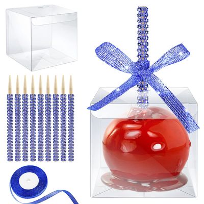 MGWOTH Candy Apple Boxes with Bling Stick Hole Set,20 Pack Caramel Apple Wrapping Kit with Clear Containers & Rhinestone Bamboo Skewers & Glitter Ribbons,Top for Cake Pop Chocolate Treat Christmas