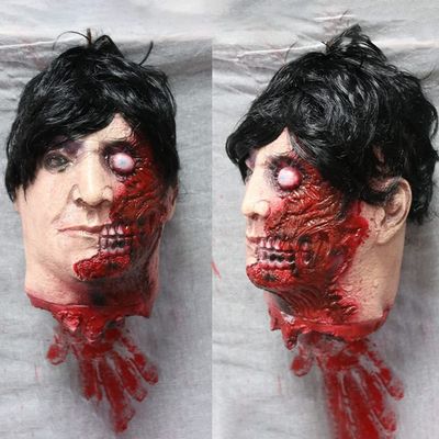 Halloween Hanging Severed Head Decoration,Scary Life-Size Bloody Cut Head Corpse Realistically Latex Head Pendant Prop,With Wig Costume,Zombie Head for Outdoor Indoor Haunted Houses Party (CCC)