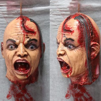 Halloween Hanging Severed Head Decoration,Scary Life-Size Bloody Cut Head Corpse Realistically Latex Head Pendant Prop,With Wig Costume,Zombie Head for Outdoor Indoor Haunted Houses Party (HHH)