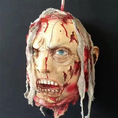 Halloween Hanging Severed Head Decoration,Scary Life-Size Bloody Cut Head Corpse Realistically Latex Head Pendant Prop,With Wig Costume,Zombie Head for Outdoor Indoor Haunted Houses Party (H)