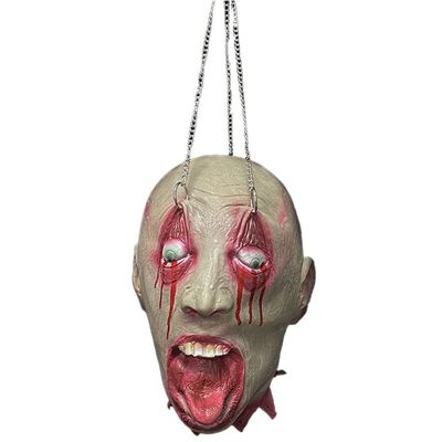 Halloween Hanging Severed Head Decoration,Scary Life-Size Bloody Cut Head Corpse Realistically Latex Head Pendant Prop,With Wig Costume,Zombie Head for Outdoor Indoor Haunted Houses Party (G)