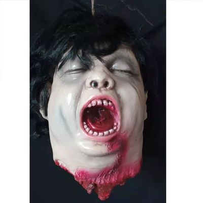 Halloween Hanging Severed Head Decoration,Scary Life-Size Bloody Cut Head Corpse Realistically Latex Head Pendant Prop,With Wig Costume,Zombie Head for Outdoor Indoor Haunted Houses Party (MMM)