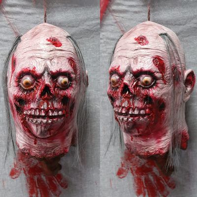 Halloween Hanging Severed Head Decoration,Scary Life-Size Bloody Cut Head Corpse Realistically Latex Head Pendant Prop,With Wig Costume,Zombie Head for Outdoor Indoor Haunted Houses Party (JJJ)