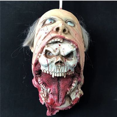 Halloween Hanging Severed Head Decoration,Scary Life-Size Bloody Cut Head Corpse Realistically Latex Head Pendant Prop,With Wig Costume,Zombie Head for Outdoor Indoor Haunted Houses Party (MM)