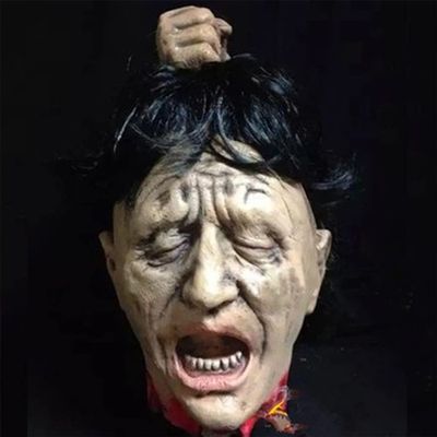 Halloween Hanging Severed Head Decoration,Scary Life-Size Bloody Cut Head Corpse Realistically Latex Head Pendant Prop,With Wig Costume,Zombie Head for Outdoor Indoor Haunted Houses Party (J)