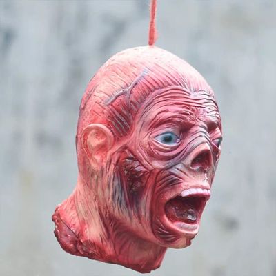 Halloween Hanging Severed Head Decoration,Scary Life-Size Bloody Cut Head Corpse Realistically Latex Head Pendant Prop,With Wig Costume,Zombie Head for Outdoor Indoor Haunted Houses Party (D)