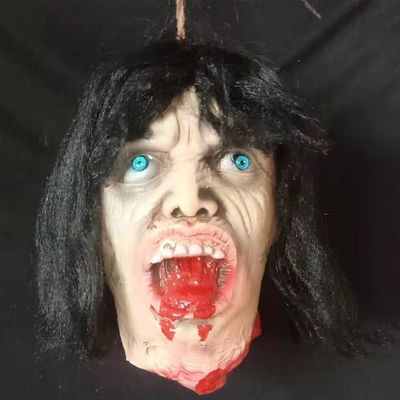 Halloween Hanging Severed Head Decoration,Scary Life-Size Bloody Cut Head Corpse Realistically Latex Head Pendant Prop,With Wig Costume,Zombie Head for Outdoor Indoor Haunted Houses Party (KKK)