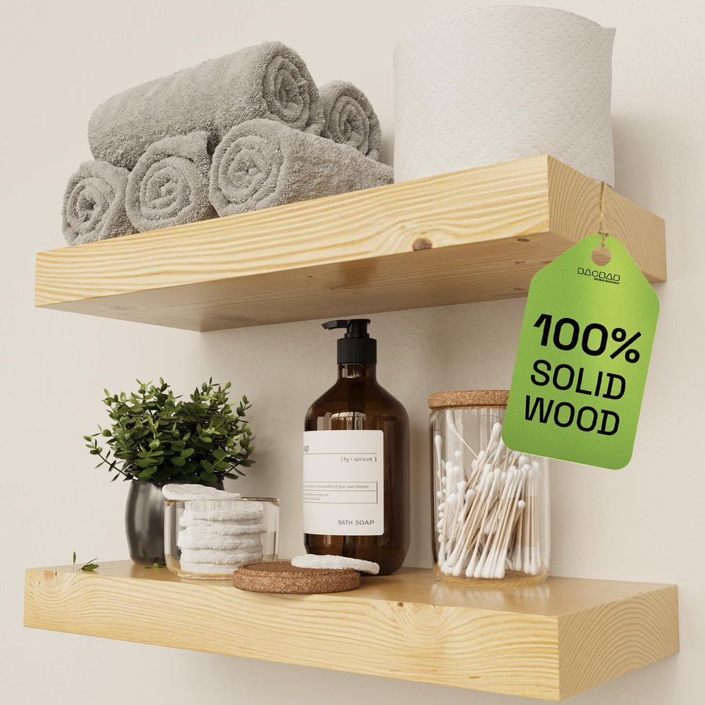 BAOBAB WORKSHOP Wood Floating Shelves for Bathroom Wall, Rustic Shelf 16 inch, Floating Wooden Shelves for Bedroom Kitchen Living Room, Natural Wood Shelves, 16 x 6.7 Inch, Set of 2