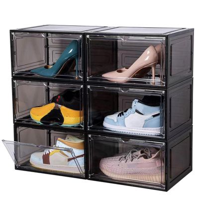 Attelite Large Clear Shoe Box Organizer,Plastic Stackable Shoe Storage Box with Magnetic Door, Large Clear Door Shoe Containers for Display Sneakers, Easy AssemblyBlack