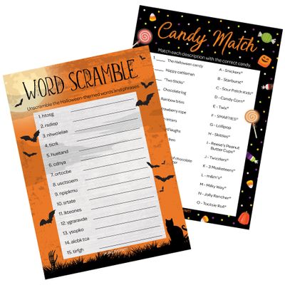 DISTINCTIVS Halloween Party Games  Word Scramble and Candy Match 2 Game Bundle, 25 Dual-Sided Cards for Kids, Adults, Classrooms, and Fall Events