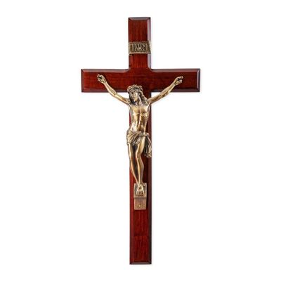 13" Cherry Finished Crucifix with Gold Finished Pewter Figure