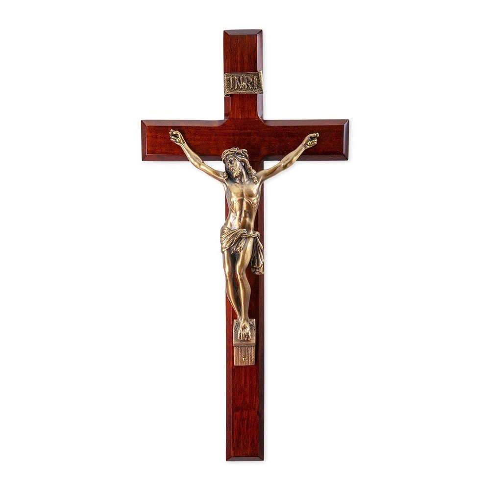13" Cherry Finished Crucifix with Gold Finished Pewter Figure