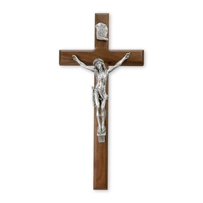 15" Walnut Cross with Antique Gold Finished Pewter Figure