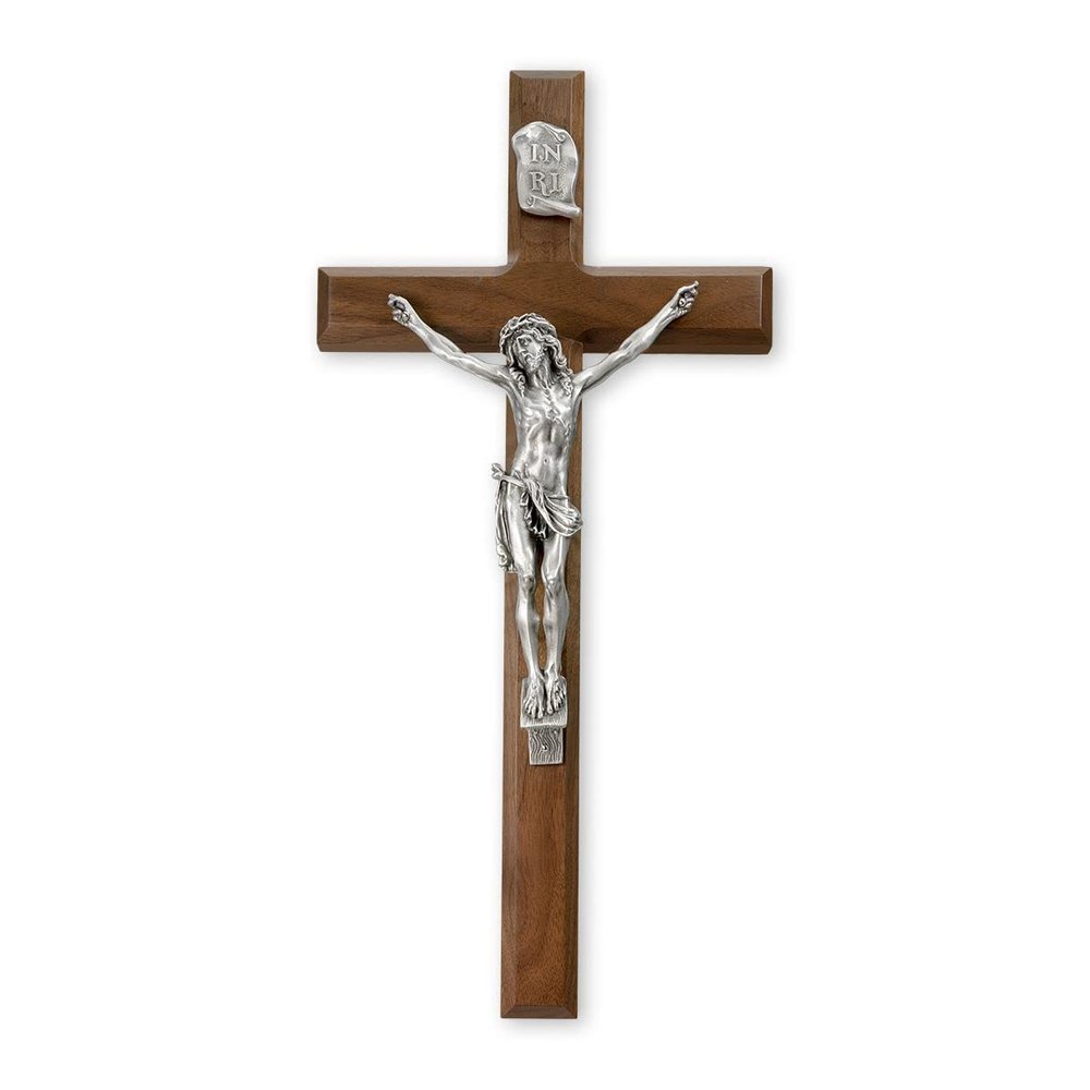 15" Walnut Cross with Antique Gold Finished Pewter Figure