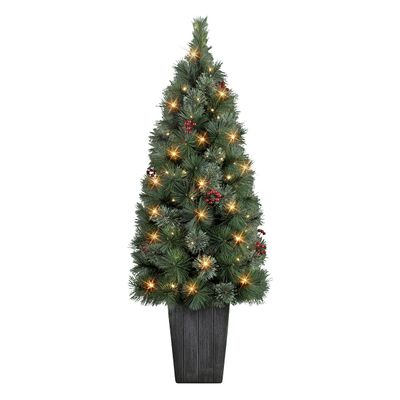 4 ft B/O Potted Cascade Pine Tree. 100 Tips, 100 Warm White LED Lights, Plastic Pot (3 x D Batteries not Included), 6/18 Hours On/Off Timer Function