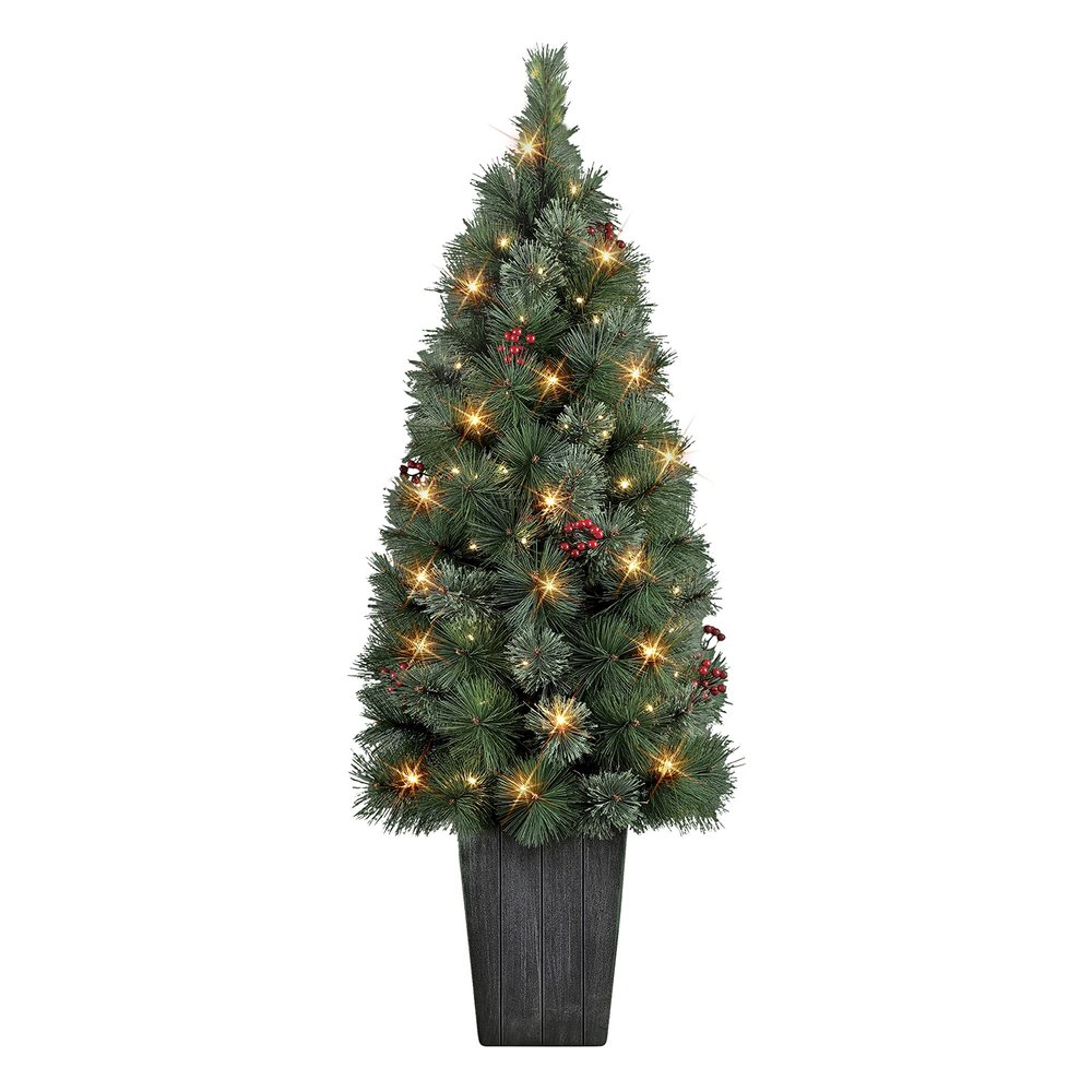 4 ft B/O Potted Cascade Pine Tree. 100 Tips, 100 Warm White LED Lights, Plastic Pot (3 x D Batteries not Included), 6/18 Hours On/Off Timer Function