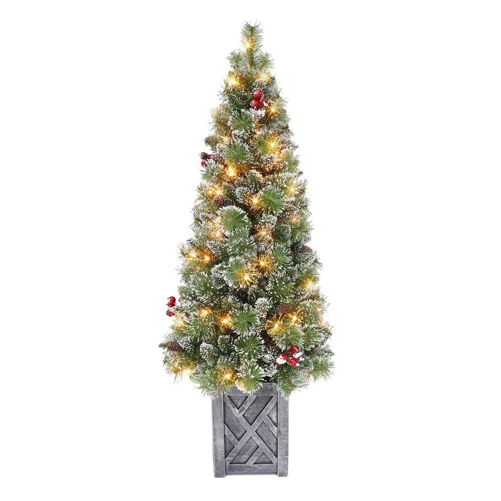 5 ft Pre-lit Potted Vancouver Pine Tree, 288 Tips, 70 UL Clear Incandescent Lights, Pine Cones, Berries