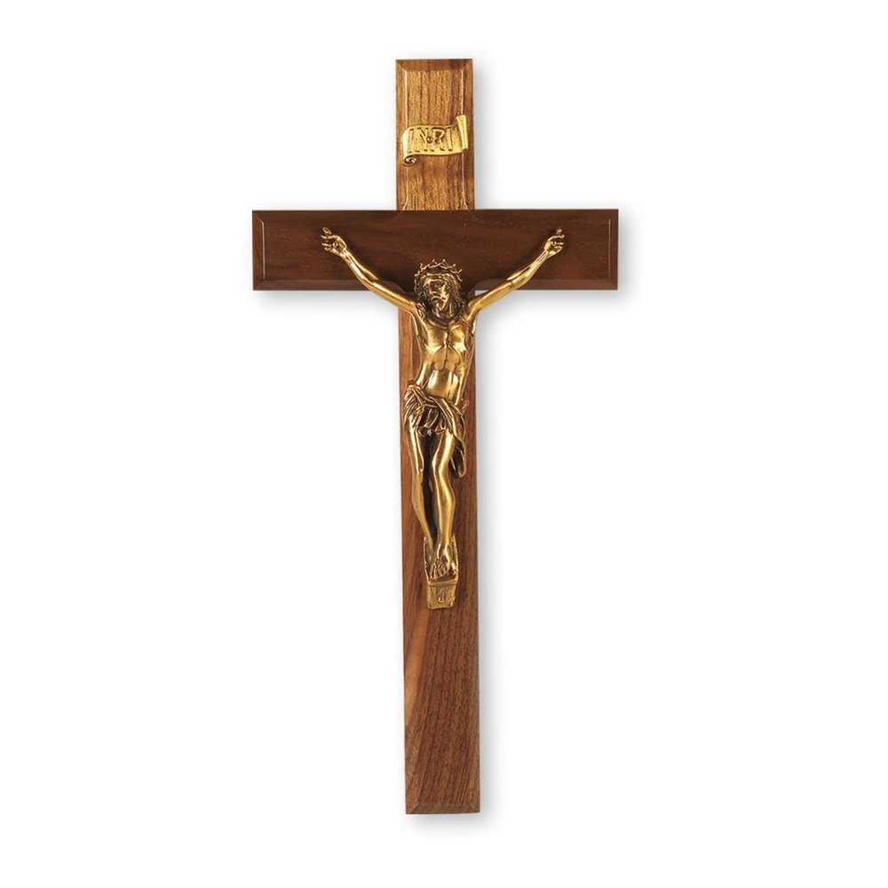 12" Walnut Crucifix with Museum Gold Figure