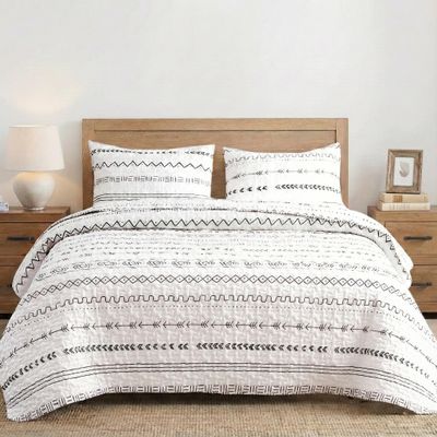 DURLENGEN White Quilt Set Queen Size 3Pcs,Bohemian Design with White & Black Geometric Pattern Printed on White, All Season Lightweight Bedspread Coverlet Sets(Queen 90x96,Boho White)