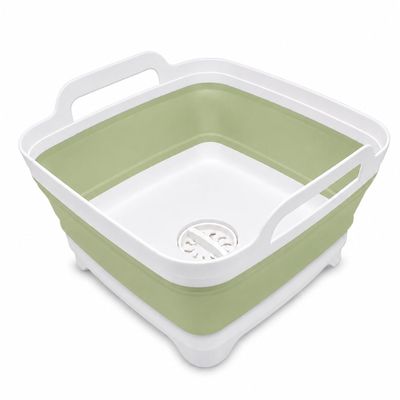 2.4 Gal(9L) Collapsible Dish Basin with Drain Plug, Space Saving Outdoor Multiuse Foldable Sink Tub, Dishpan, Kitchen Storage Tray for Camping, Vegetable Washing, RV (Green)