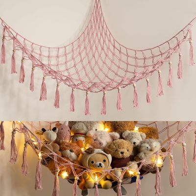 Stuffed Animal Storage Hammock Corner with LED Light - Toy Hanging Organizer Plushie Net - Pink Room Decor for Teen Girls - Cute Bedroom Aesthetic Nursery Kids Baby Toddler