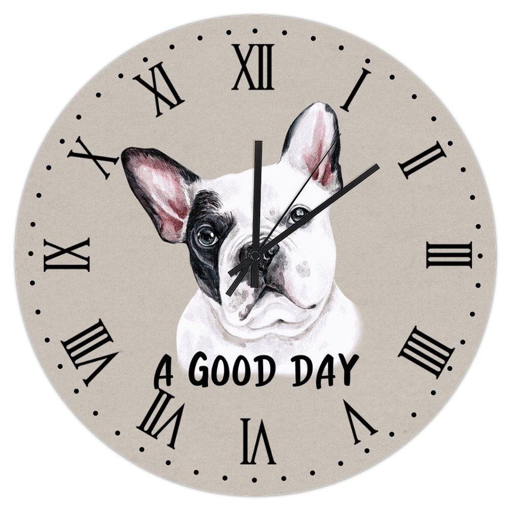 French Bulldog A Good Day Wall Clock 15in Dog Lovers Gift Wooden Wall Clock Whisper Quiet Arts and Crafts Birthday Gift Home Accessories for Mantel Study Room Homeschool Balcony