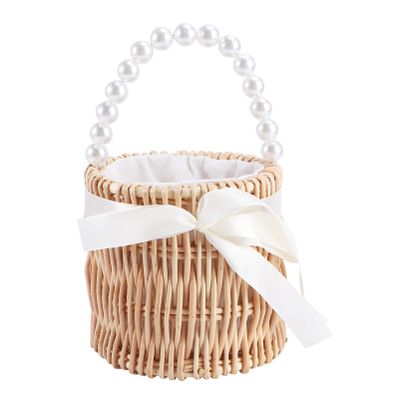 Homoyoyo Girl Baskets Straw Wicker Bag Wedding Baskets with Pearl Handle Bowknot Decorative Basket Women Beach Straw Bag for Vintage Rustic Wedding Party