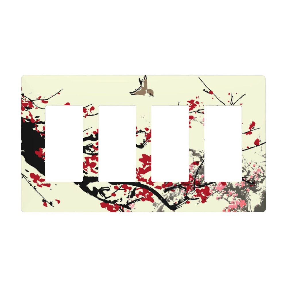 Flower Blossom 4 Gang Quad Rocker Light Switch Cover Plate Decorative Electrical Faceplate for Bathroom Home Bedroom Decorate Jumbo Size Screwless 8.3" x 4.6