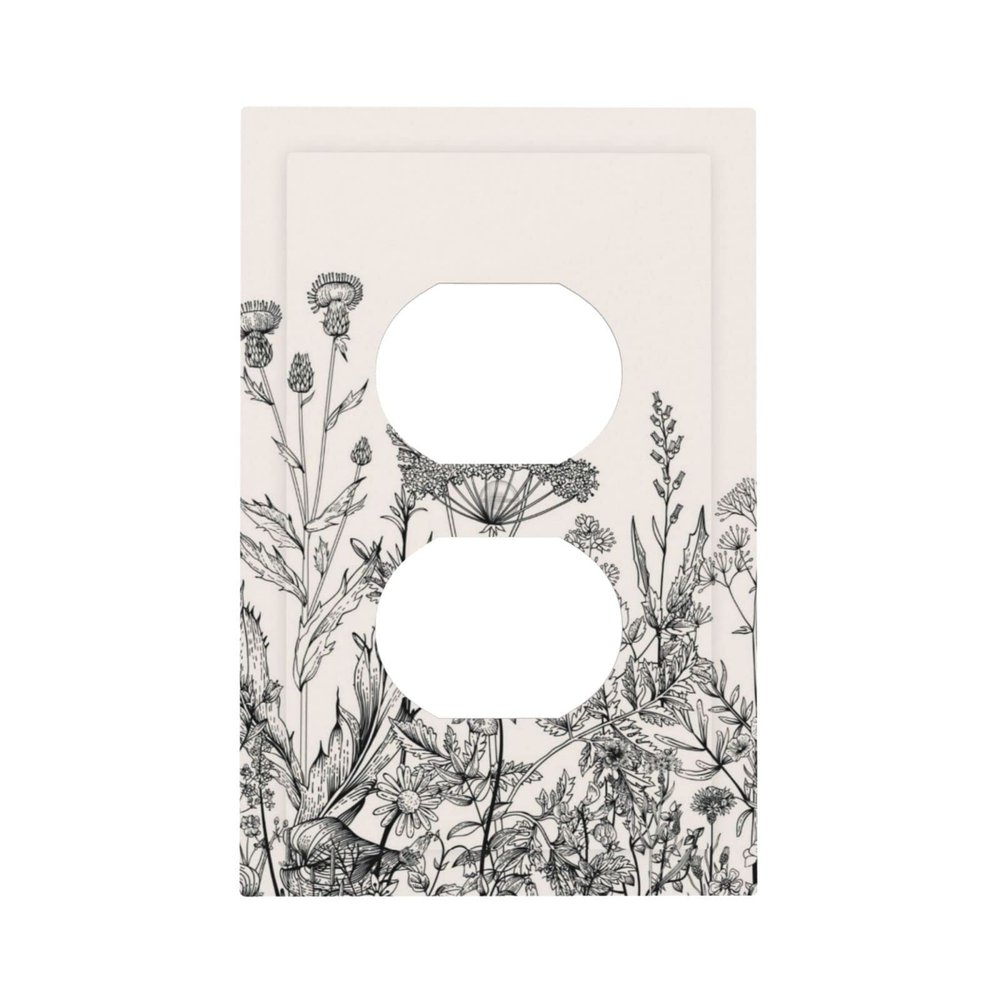 Electrical Duplex Outlet Cover Wildflower Botanical Decorative 1 Gang Device Receptacle Plug Wall Plate White Black Floral Flower Plant Herbs Sage Leaves Decorative Bathroom Accessories Decor