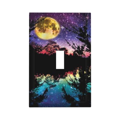 1-Gang Electrical Single Toggle Device Wallplate Purple Fantasy Full Moon Phase Starry Sky Lake Nature Moonlight Stars in Night Sky Tree Forest Mountain Light Switch Face Plate Decorative Outlet Cover