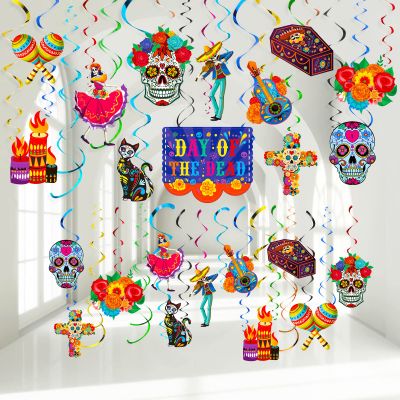 30 pcs Day of The Dead Foil Swirls Decorations Halloween Sugar Skull Flowers Ceiling Hanging Swirls Dia de Los Muertos Party Favors Supplies for Halloween Birthday Skull Mexican Party (Novel Style)