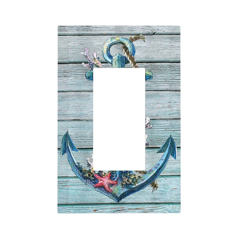 Nautical Anchor Board 1 Gang Single Decorator/GFCI/Decora/Rocker Electrical Outlet Light Switch Wall Plate Cover Coastal Beach Rustic Timeworn Marine Teal Turquoise Blue Wooden Wood Planks Decor