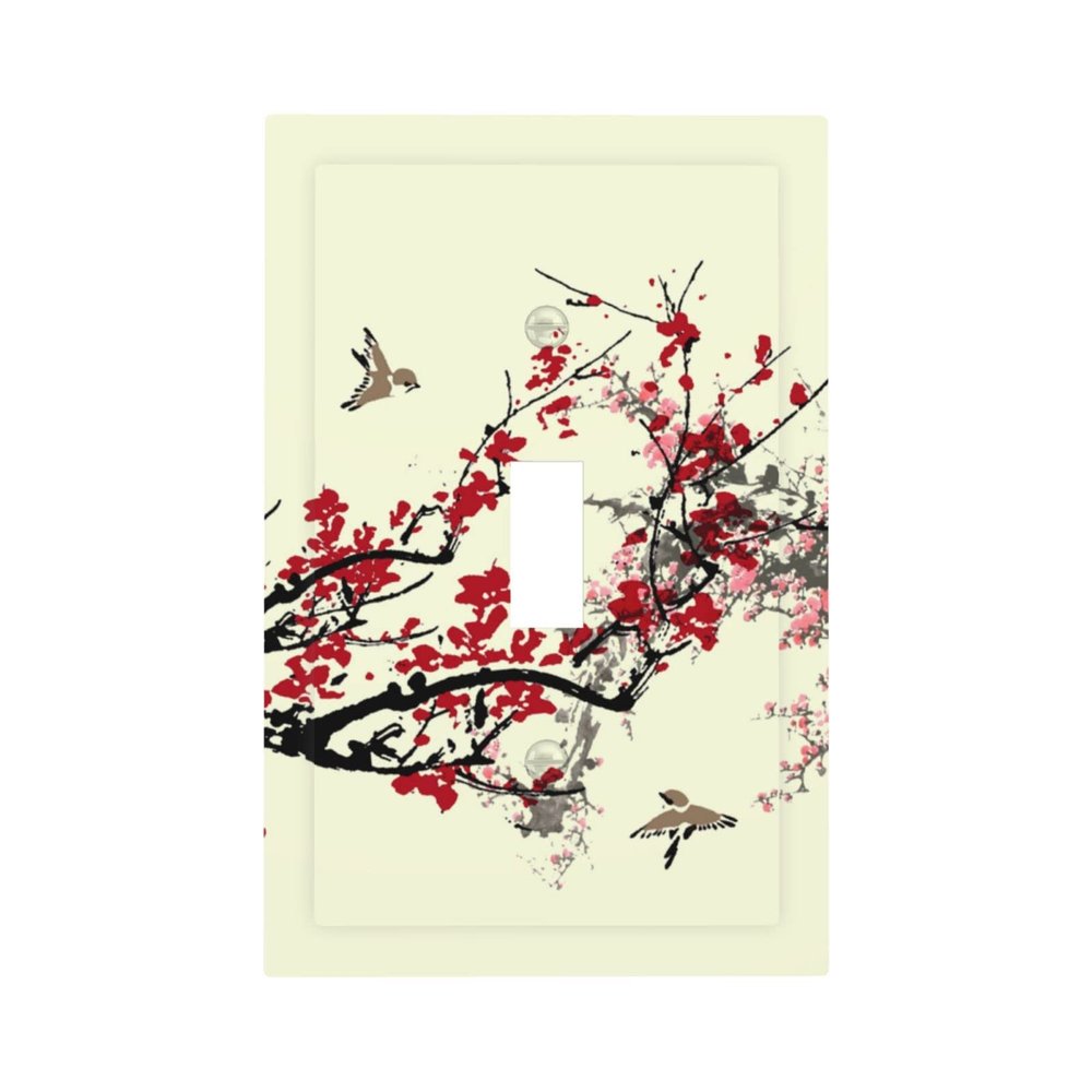 Japanese Chinese Style Bird Red Plum Cherry Flower Floral Bloom Blossom Art 1 Gang Single Toggle Decorator Outlet Light Switch Cover Decorative Wall Plate Cover Electrical Switchplate Faceplate
