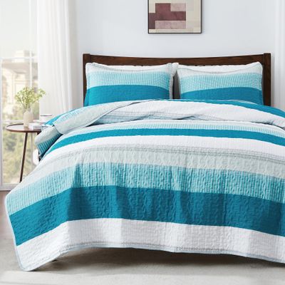 Andency Teal and White Striped Quilt Set Cal King(104x112Inch), 3 Pieces (1 Quilt and 2 Pillowcases) Patchwork Bedspread Coverlet Set, Soft Lightweight Quilted Bedding Set