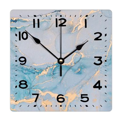 10 Inch Wood Wall Clock Silent with Big Numbers Blue And Gold Glitter Texture Square Wood Clock Rustic Vintage Style Wall Clock Perfect for Bathroom Bedroom Study Easy to Read Clock Wall Decor