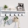 BAMEOS Wall-Mounted Wood Shelf with 5 Dual Hooks for Bathroom, Living Room, Bedroom (White-with Shelf) view 1