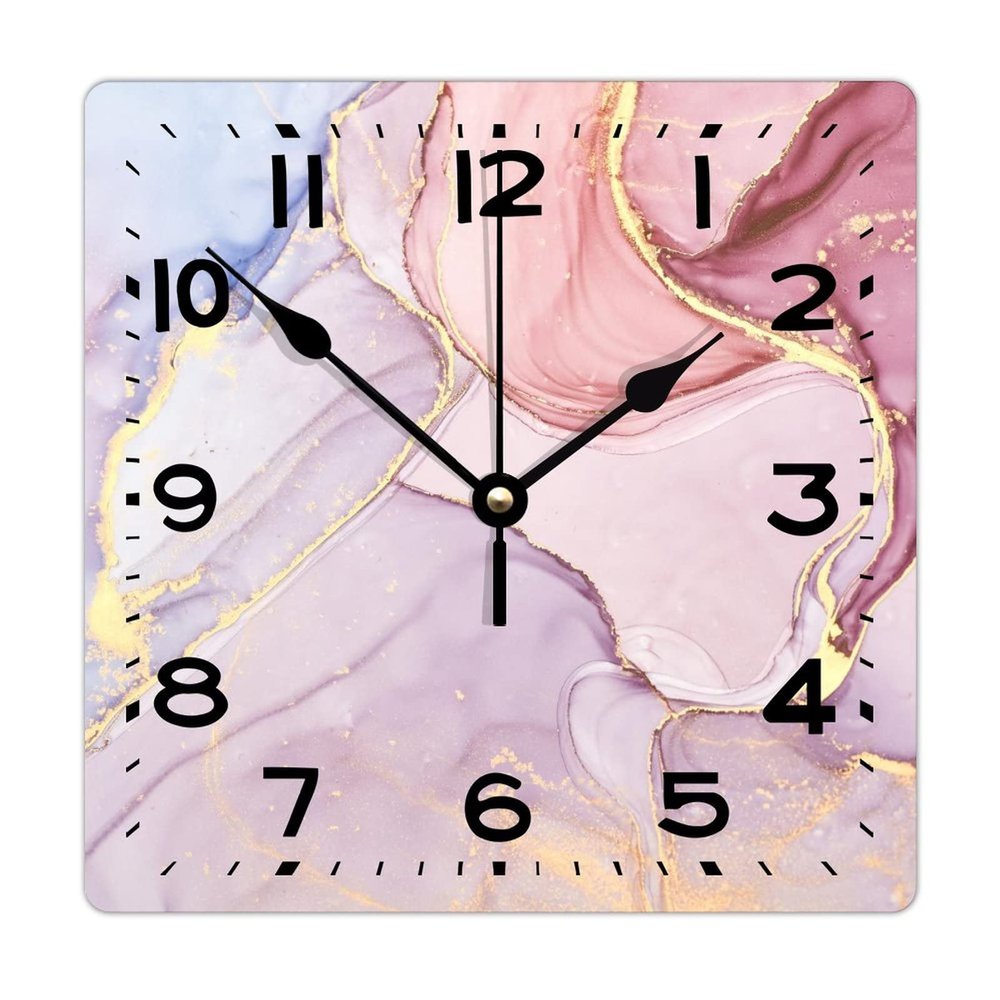 12 Inch Wooden Wall Clock with Metal Hands with Big Numbers Pink And Gold Glitter Texture Square Wood Clock Distressed Antique Style Wall Clock for Kitchen Dining Room Office with Big Numbers