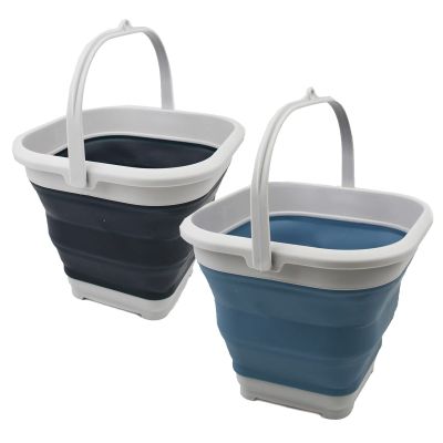SAMMART 5.5L Set of 2 Collapsible Square Handy Bucket/Foldable SquareWater Pail/Portable Tub with Handle. (Slate Grey + Steel Blue)