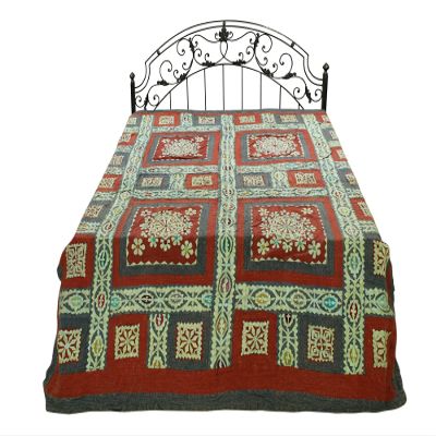Exotic India Rust Kantha Bedcover with Multicolor Floral Applique Patches from Jodhpur - Pure Cotton