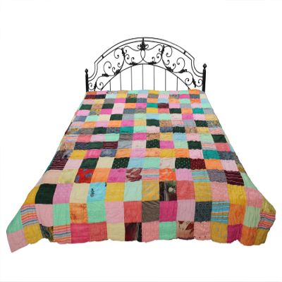 Exotic India Multicolor Patchwork Kantha Styled Reversible Bedding Quilt from Jodhpur - Pure Cotton - Color CorkV2