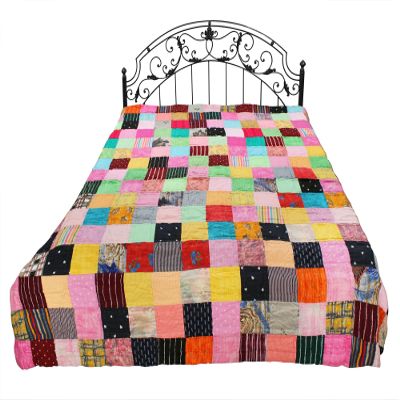 Exotic India Multicolor Patchwork Kantha Styled Reversible Bedding Quilt from Jodhpur - Pure Cotton - Color IrisorchidV1