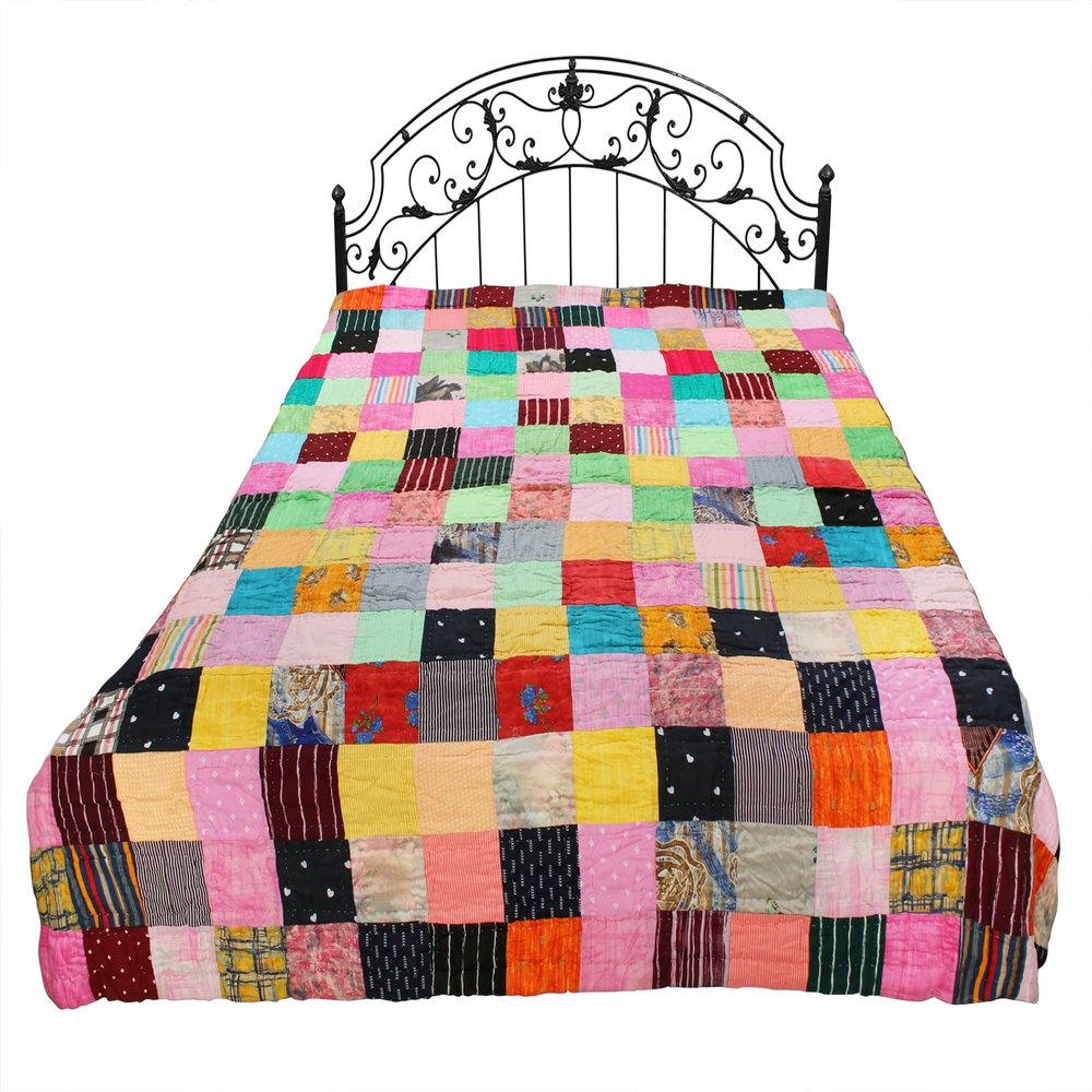Exotic India Multicolor Patchwork Kantha Styled Reversible Bedding Quilt from Jodhpur - Pure Cotton - Color IrisorchidV1
