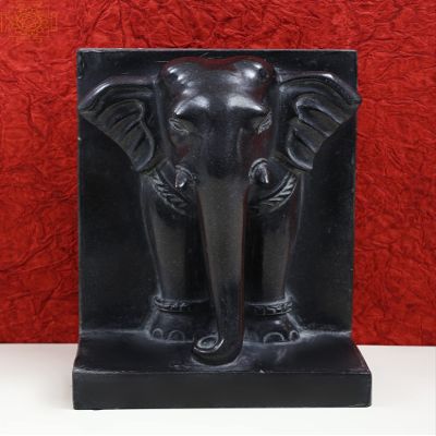 Exotic India 10" Black Marble Elephant Statue - Black Marble