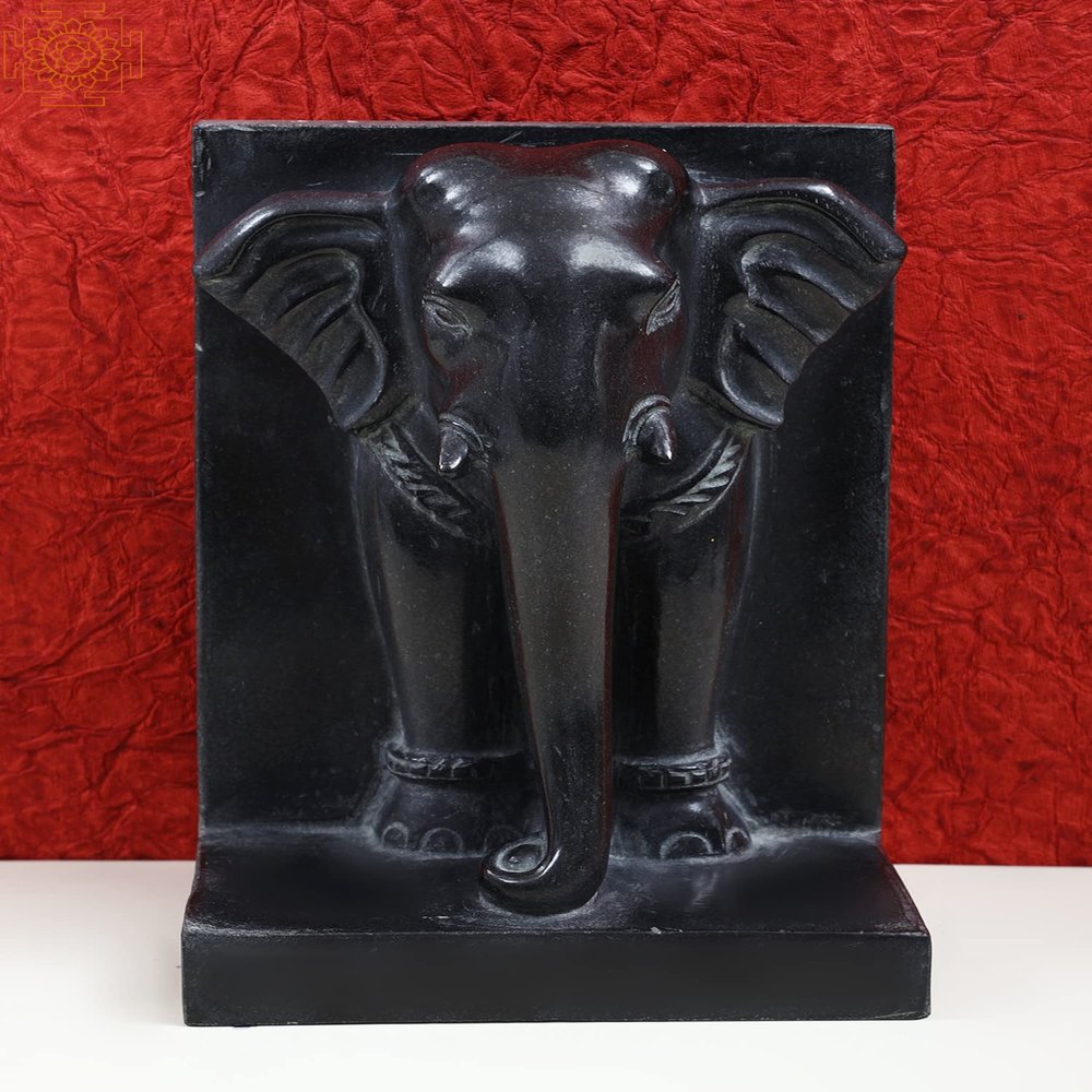 Exotic India 10" Black Marble Elephant Statue - Black Marble