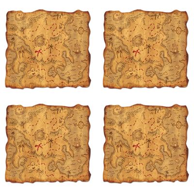 Beistle Plastic Treasure Map  4 Pack, Rolled Pirate Maps with Vintage Look, Adventure Props for Pirate-Themed Parties, Treasure Hunts, Festivals, Theatrical Productions & Decorations, 12 x 18